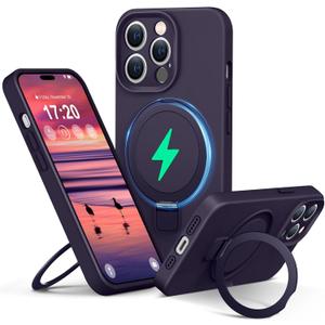 Liquid Silicone Case for iPhone 14 pro with Magnetic Ring Stand, Upgraded Camera Lens Protection, Mil-Grade Drop Shockproof, Anti-Scratch Microfiber Lining Silicone Case (Purple)