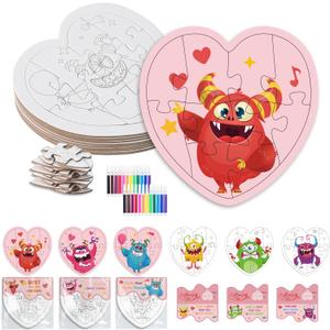 Fennoral 24 Pack Valentines Day Gifts for Kids Classroom Color Your Own Heart Monster Jigsaw Puzzles with Card DIY Coloring Valentine's Day Craft Kit Art Activities Valentines Party Favor Supplies