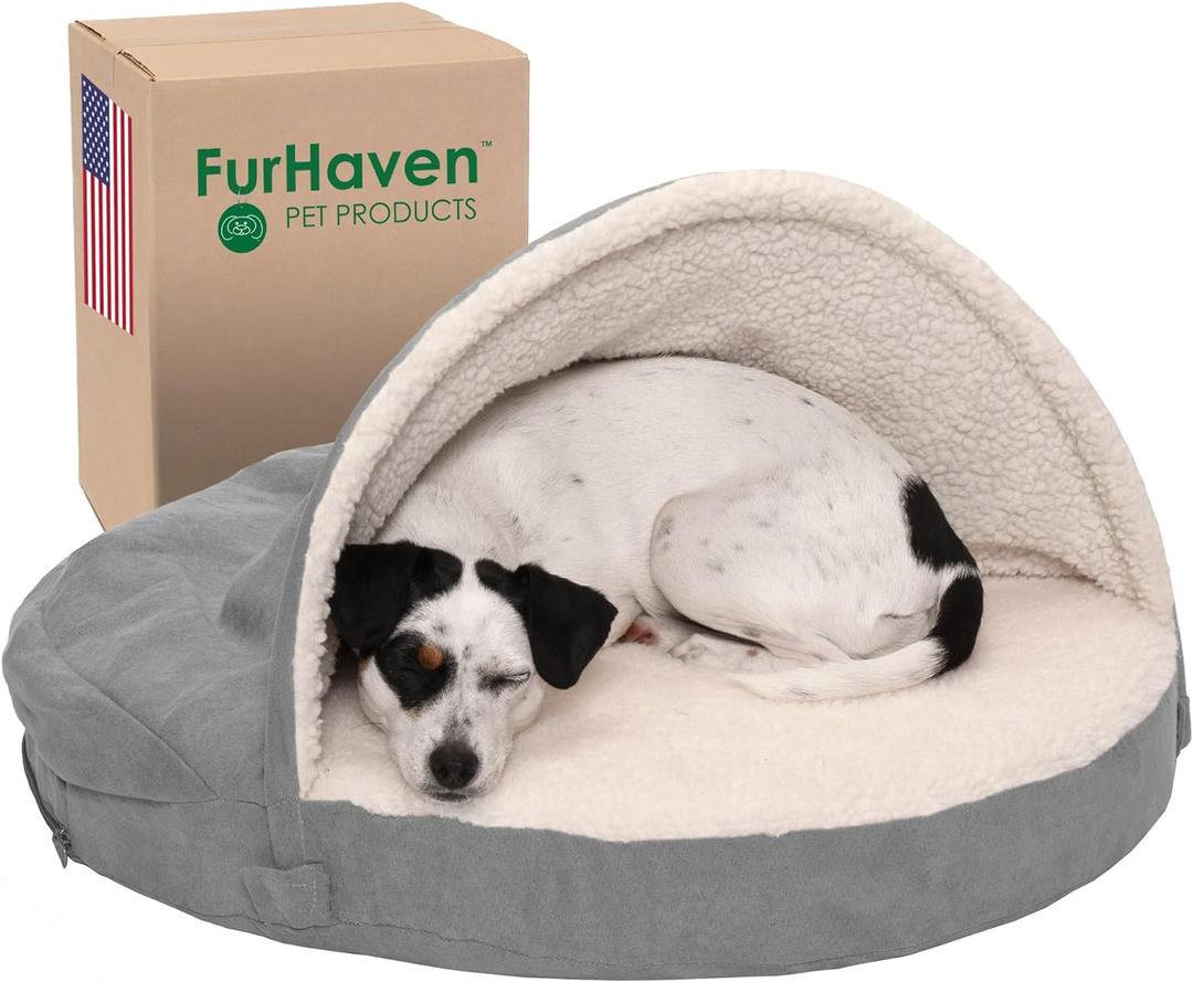 Furhaven 26" Round Orthopedic Dog Bed for Medium/Small Dogs w/ Removable Washable Cover, For Dogs Up to 30 lbs - Sherpa & Suede Snuggery - Gray, 26-inch (26.0"L x 26.0"W x 3.0"Th, Faux Lambswool & Suede Gray)