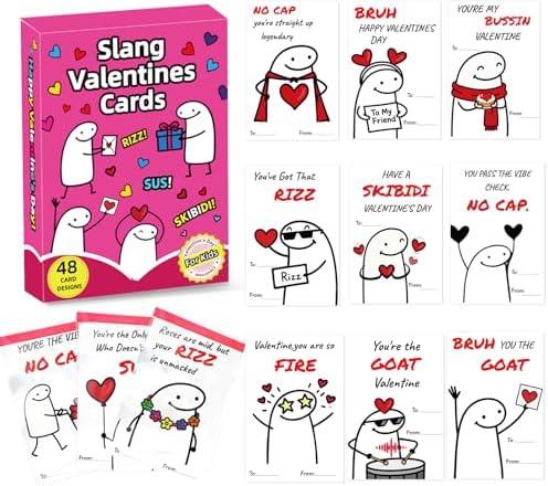 Jamuss Slang Valentines Day Cards for Kids, 48 Pack Valentine Cards for Kids Classroom School, Funny Slang Greeting Cards for Boys Girls Classroom Prizes Exchange Gifts