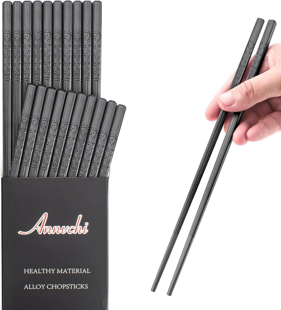 Chopsticks - 10 Pairs Reusable Fiberglass Alloy Chopstick Set, Dishwasher Safe (Pure Black) (A)