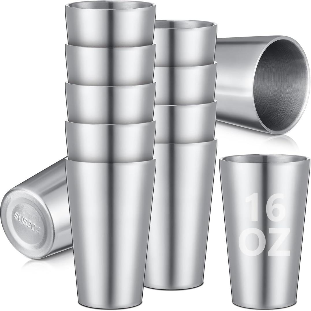 Ziliny 12 Pack 16oz Stainless Steel Cups Metal Pint Cup Tumbler Double Wall Vacuum Insulated Stackable Drinking Glasses for Beer Party Bar Travel Camping Home and Outdoor