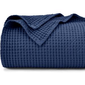 PHF 100% Cotton Waffle Weave Blanket King Size for Bed,Snag Proof Lightweight Breathable Throw for Couch,Great for Layering in Cold Weather,Machine Washable,Home Decor Gift-Navy Blue/Bright Blue (King(104" x 90"))