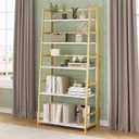 JSB 5 Tier Bookshelf, No Assembly Folding Ladder Bookshelf, 51.6in Tall Foldable Ladder Shelf, Bookcase for Home Office, Living Room,Space-Saving (White & Gold, 5 Tier)