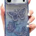 iFiLOVE for iPhone 17 Pro Max Bling Butterfly Case, Cute Luxury Sparkle Glitter Diamond Crystal Rhinestone Protective Case Cover for Girls Women Kids (Blue)