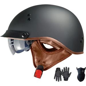 Motorcycle Half Helmet with Retractable Inner Sun Shade Quick Release Buckle DOT Approved Half Face Cycling Helmets for Men Women Adult (Black, XL)