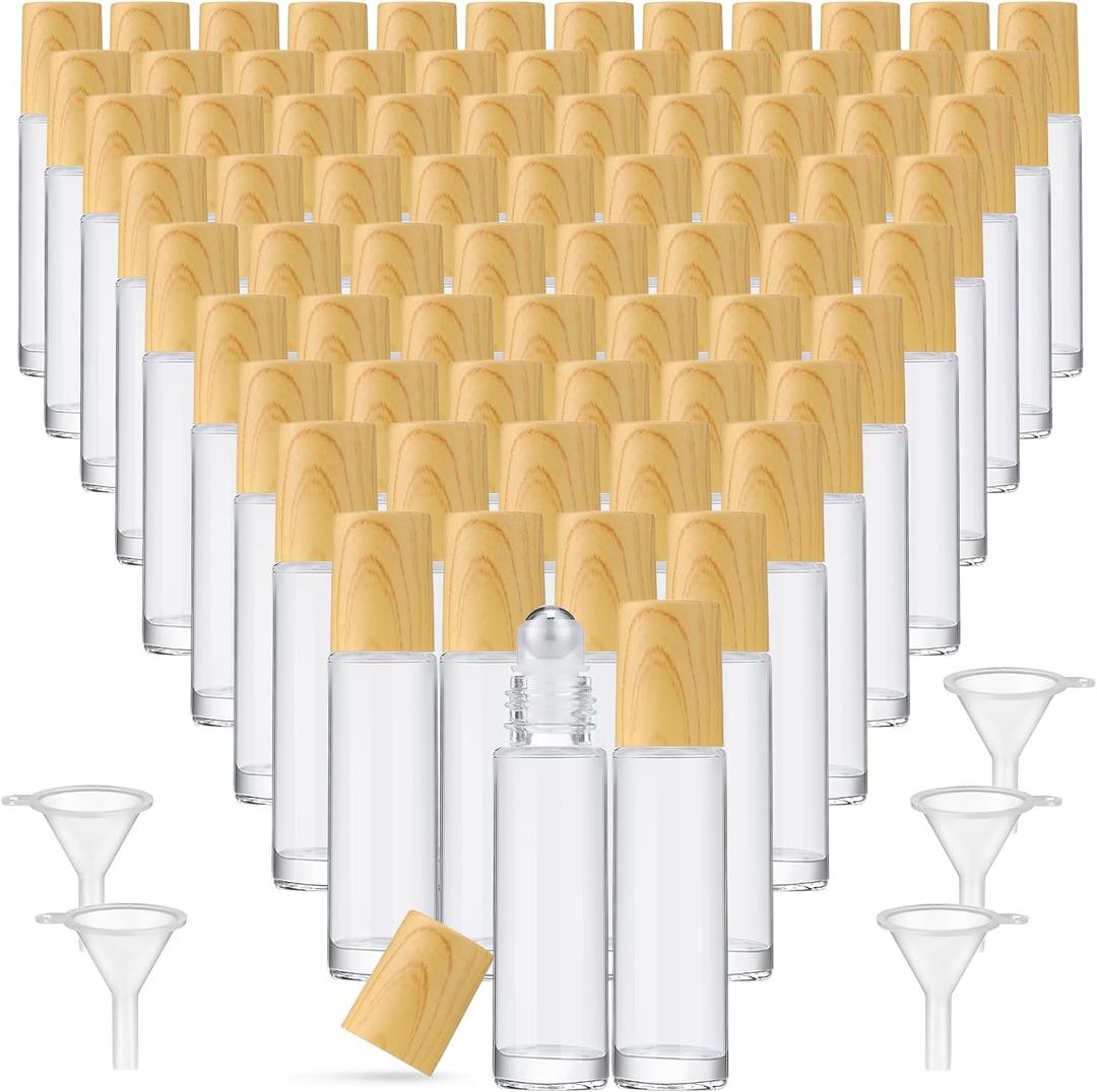Sumind 150 Pcs Essential Oil Roller Bottles 10 ml Glass Empty Roll on Bottles with Stainless Steel Balls Leak Proof with 5 Funnel for Travel Essential Oil(Clear, Wood)