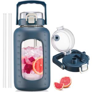 BLUEGO 84oz Glass Water Bottle with Straw and Handle, Large Water Bottle with Sip & Chug Lid, 2.5L Water Jug Silicone Sleeve with Time, Full Day Drinking Bottle for Sports BPA Free, Dark Blue