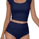 Eomenie Tankini Swimsuits for Women Ruched Tummy Control Bathing Suit Two Piece Swim Tank Top with High Waisted Bottom (Blue, M)