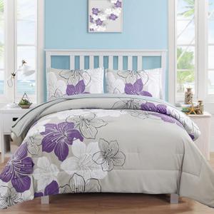 Luxudecor Floral Comforter Set Twin Size, 6 Pieces Bed in a Bag Purple Floral Comforter and Sheet Set, Soft Microfiber Purlple Complete Bedding Sets for All Seasons 68"86"