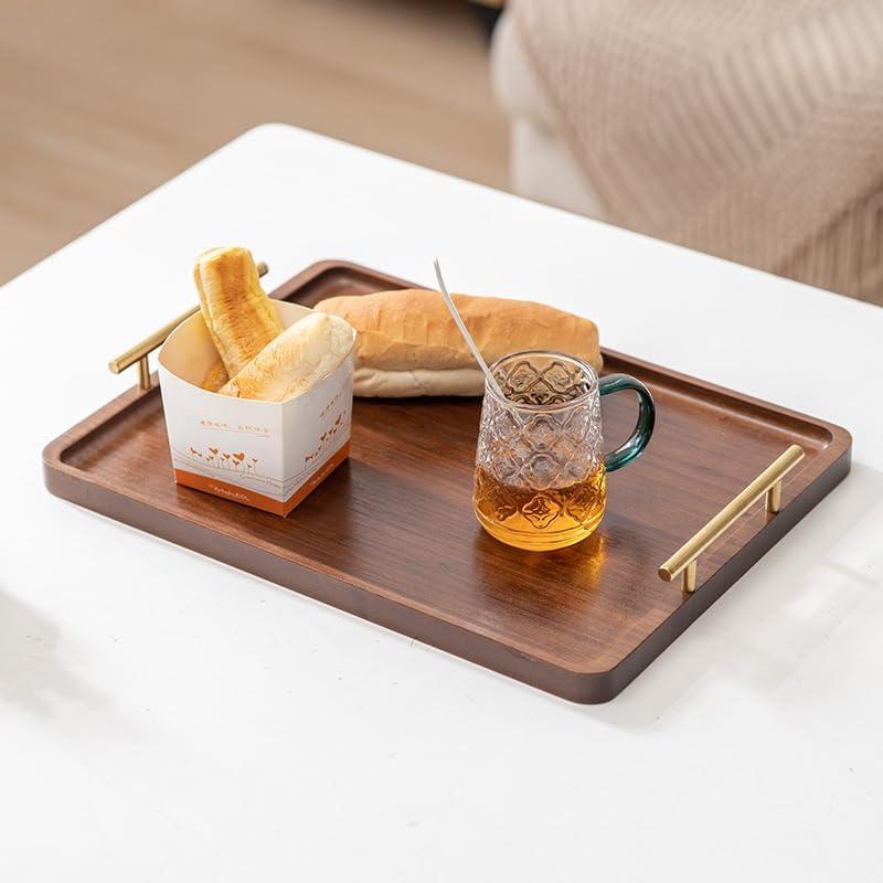 Bamboo Serving Tray with Gold Handles, Food Tray for Breakfast, Coffee Table, Dinner & Bar, Decorative Tray for Kitchen, Bedroom (Large) (14" x 9.5" x 2")