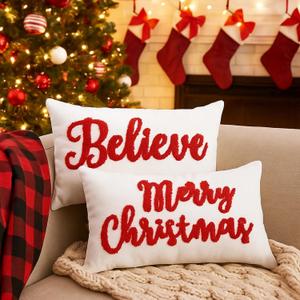 Jetec Set of 2 Christmas Throw Pillow Covers 12x20 Inch Merry Christmas Believe Embroidery Pillow Covers Farmhouse Throw Cushion Case for Home Living Room Bedroom Holiday Parties and Gifts