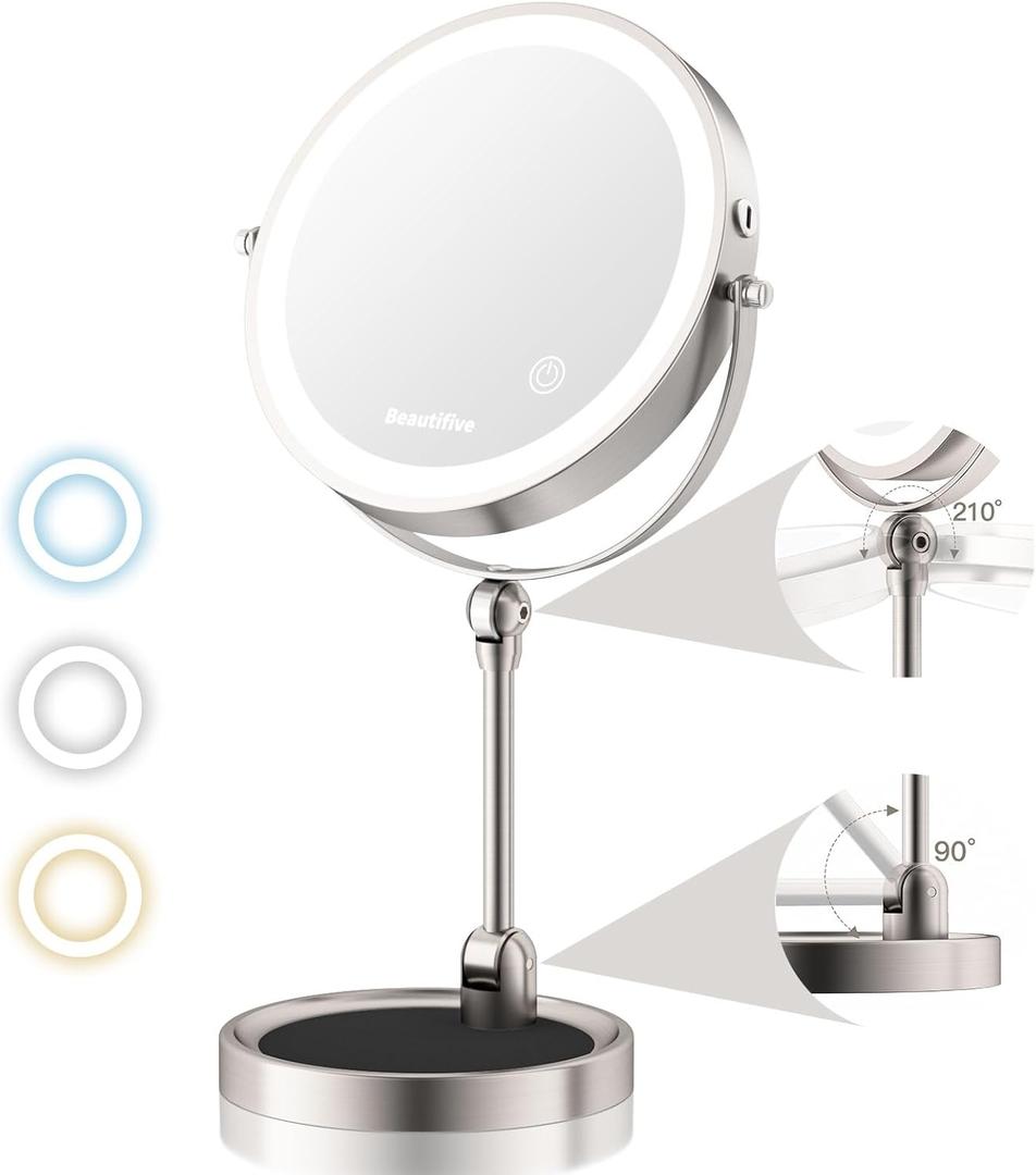 10" Makeup Mirror with Light, 12X/1X Lighted Magnifying Mirror, Angle Adjustable & 3 Color Dimmable, 360Rotatable Rechargeable Double Sided Desk Mirror with Light (White)