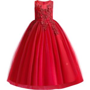 Little Big Girl Flower Tulle Dress Princess Pageant Birthday Party Wedding Formal Floor Long Dance Evening Maxi Gown (Red)