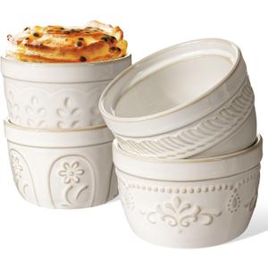 Artena Ramekins Oven Safe, Creme Brulee Ramekins, Embossed White Ceramic Ramiken, Souffle Pudding Custard Cups, Baking Dish, Dipping Bowls, Sauce Cups, Set Of 4 (Multiple Patterns, 8 oz)