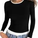 Cicy Bell Womens Long Sleeve Tops Patchwork Crewneck Slim Fit Shirts Going Out Casual Fall Basic Tees (Black, M)