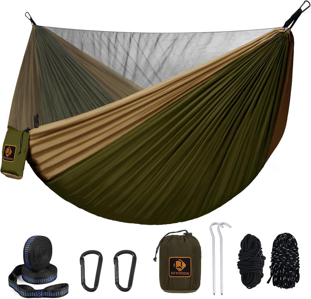 Camping Hammock, Portable Hammocks with Mosquito Net,Lightweight Nylon Parachute Hammock with 10ft Tree Straps,Camping Gear Must Haves for Travel Hiking Backpacking Beach Patio-Green&Khaki (Large)