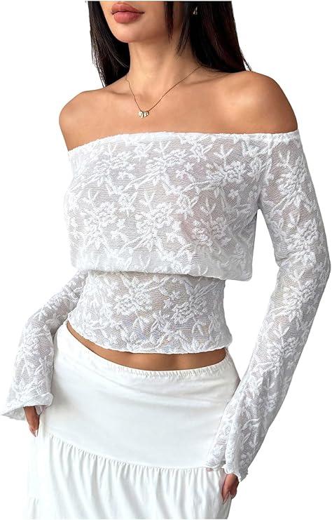 SOLY HUX Women's Lace Off The Shoulder T Shirt Long Sleeve Sheer Going Out Tops, Small