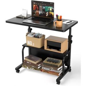 Portable Rolling Desk on Wheels Adjustable Height Desks for Small Spaces, 32" Computer Desk with Storage Shelves for Home Office Black