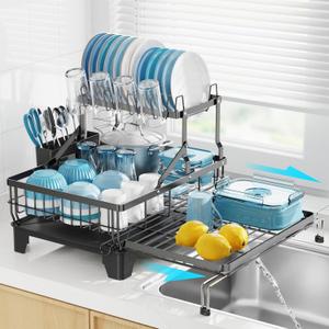 GSlife Large Dish Drying Rack - Extendable 2-in-1 Dish Racks for Kitchen Counter or Over Sink, 2 Tier Dish Drainer with Drainboard, Cups Holder and Utensil Holder, Black