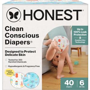 The Honest Company Clean Conscious Diapers for Delicate Skin | Up to 100% Leakproof | Hypoallergenic, Fragrance Free | Summer '25 Limited Edition Prints | Club Box, Size 6 (35+ lbs), 40 Count
