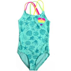 Jimmy Bahamas Girls 1 Piece Sport Swimsuits with Cross Back Strap Colorful Fish Scales Print and Two Cute Bow Decorations (Green)