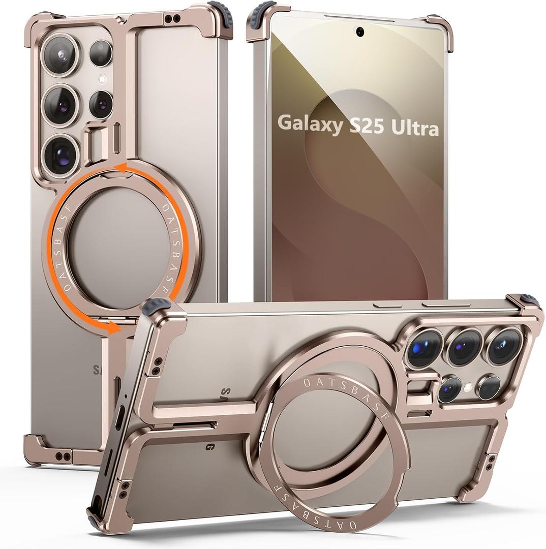 S25 Ultra Case Magnetic with Ring Kickstand, Slim Metal Frameless for Samsung Galaxy S25 Ultra Case for Magsafe, Cool Drop-Proof Protective S25Ultra Cover for Men Women 6.86 Inch, Desert Gold