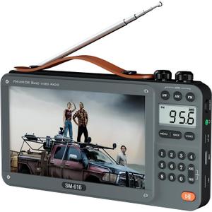 720P 7Inch Screen AM FM Movie Video Radio with Bluetooth Speaker, Rechargeable Digital Shortwave MP3 MP4 Player Radio, Support USB/Micro SD Card, Loud Speaker and Headphone Jack (NO TV)