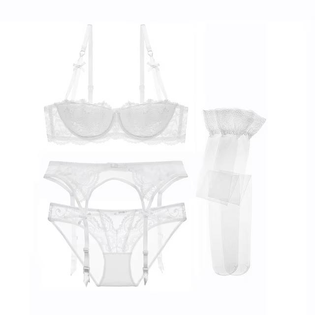 Varsbaby Women Push Up Bras Set Lace Lingerie Bra and Panties and Garter and Stocking 4 piece, L