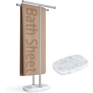 KES Free Standing Bath Towel Racks for Bathroom, 2-Tier Towel Stand for Bathroom Floor 3X Thick Natural Marble Base Oval Shape, Pro-Grade 18/8 Stainless Steel, Brushed Finish, BTH236B-2