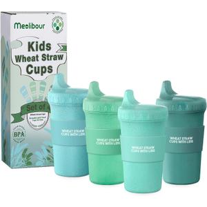 Meolibour 4 Packs Wheat Straw Sippy Cups for Toddlers Kids, Reusable Plastic Spill Proof Cups for Kids Baby, Dishwasher/Microwave Safe - Unbreakable Hard Spout Sippy Cups for Toddlers