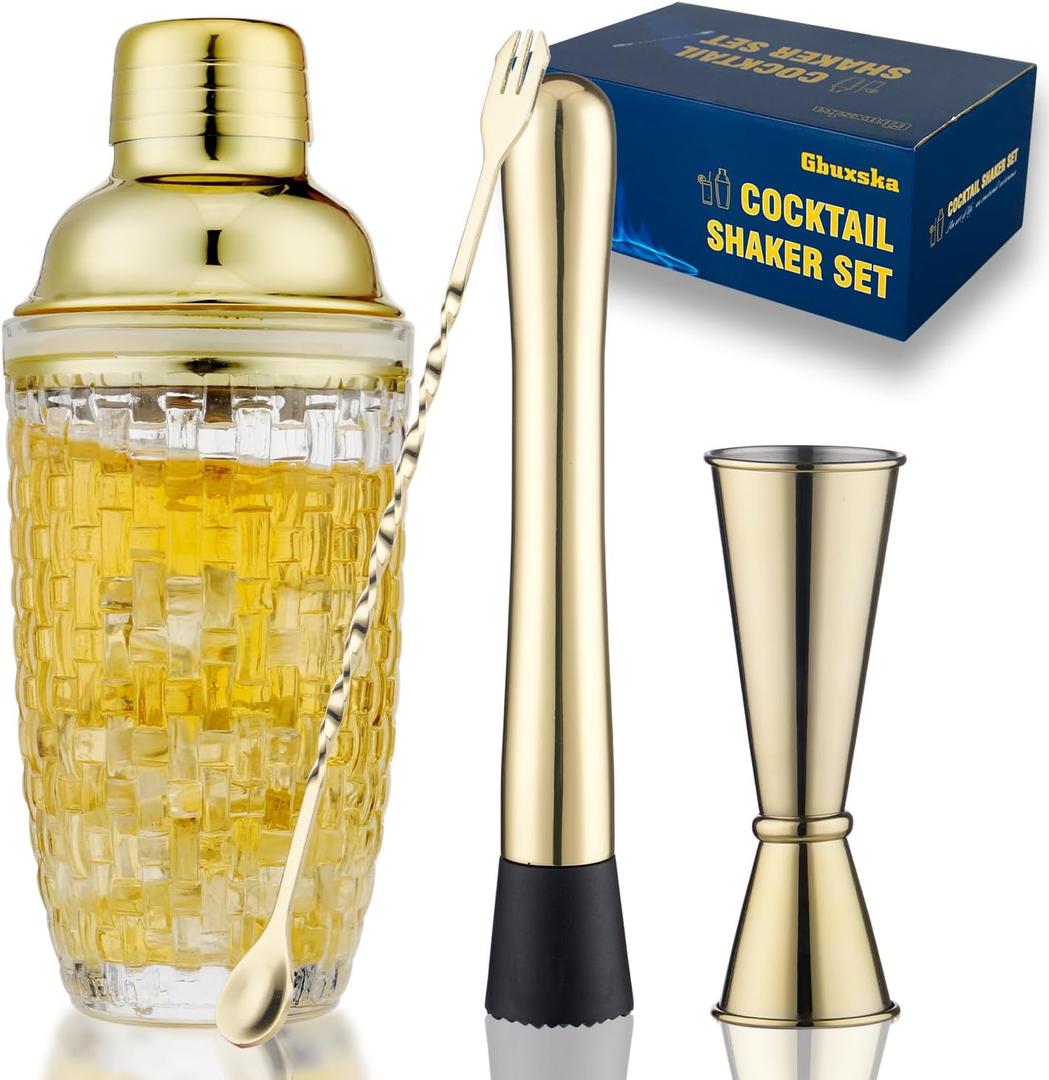 Gold Cocktail Shaker Set - Glass Cocktail Shaker with Strainer - Martini Shaker Set -Matching Cocktail Jigger & Bar Spoon with Muddler  Bartender Kit for Home Bar