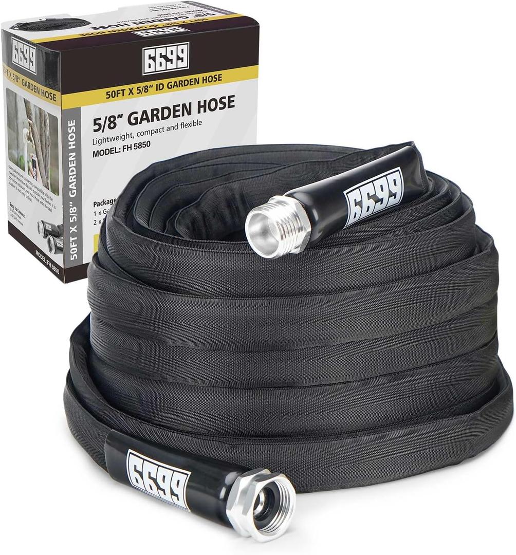 Garden Hose 50FT x 5/8 Flexible Lightweight Garden Flat Water Pipe with 3/4Solid Fittings for Watering Flowers/Lawns Car Wash Pet Washing