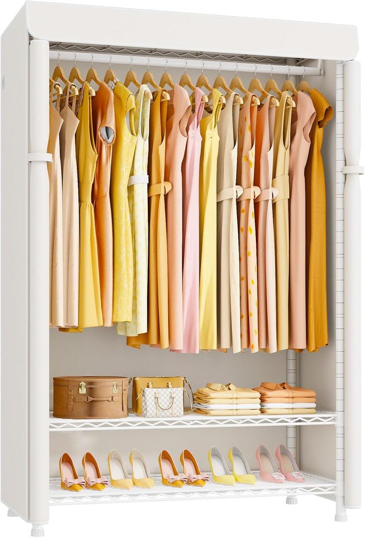 ULIFHOME H5C Plus Clothes Rack with Cover, Portable Closet for Hanging Clothes, Covered Clothing Racks Heavy Duty, Garment Racks with Shelves, Max Load 370LBS, White Closet Rack with White Cover