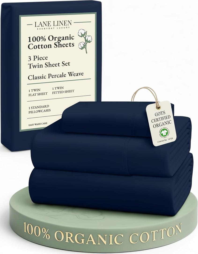 LANE LINEN 100% Organic Cotton Sheets Twin Size, Mercerized Cotton Fully Elasticized Soft & Comfy Bedding Sheets & Pillowcase Set, Good for Dorm Room, Deep Pocket Fully Elasticized Sheet- Navy
