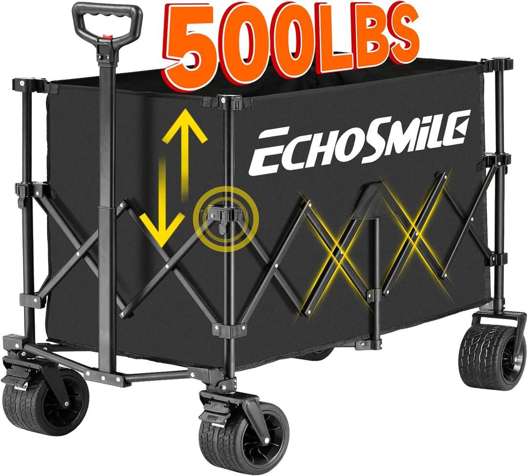 EchoSmile Collapsible Foldable Extended Height Wagon with 500lbs Weight Capacity,Folding Utility Garden Cart with Big All-Terrain Beach Wheels,for Camping, Garden, Sports, Beach, Shopping, Black