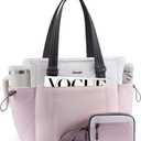 LOVEVOOK Tote Bag for Women, Puffy Work Tote with Large Cup Holder, Quilted Laptop Bag Travel Tote Shoulder Bag Handbag (15.6 inch, Pink-white-gray)