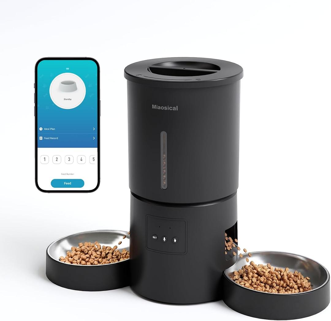Miaosical Automatic Cat Feeder 2 Cats,2.4G WiFi Timed Auto Cat Food Dispenser with Dual Bowls,4.2L Smart App Control,Equal Portion Feeding for Multiple Cats (Black, 4.2L WiFi Dual Bowl)