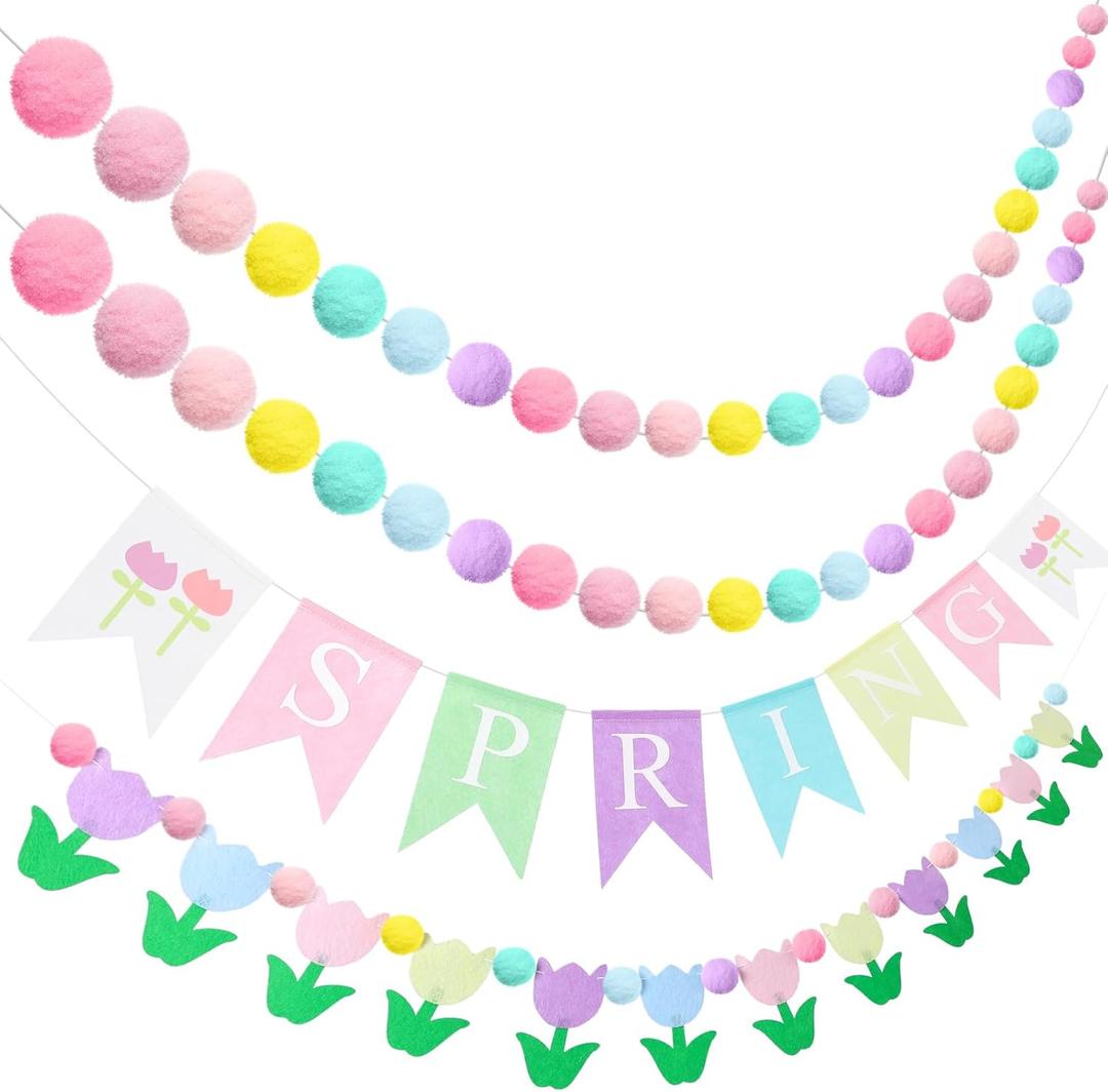 2 x Frienda 4 Pcs Spring Garland Decorations Felt Pompom Ball Garlands Hello Spring Tulip Flower Banner for Holiday Birthday Party Carnival Decoration Photo Prop Nursery Easter Farmhouse Decor
