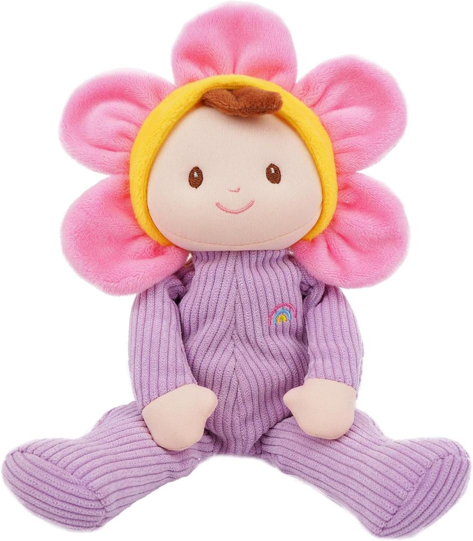 June Garden My First Doll Florie Blossom  10" Soft Plush Doll  Baby Safe Infant Cuddle Toy  Newborn Purple Corduroy  0+ Months