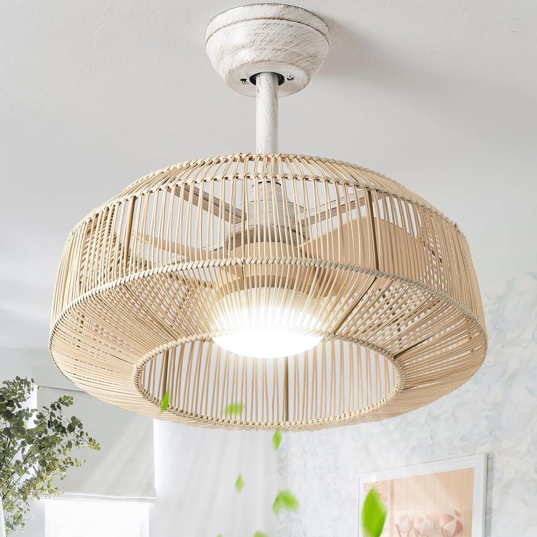 20" Caged Ceiling Fan with Light, Rattan Boho Chandelier Ceiling Fans with Lights Remote Control, LED Dimmable Lighting with 6 Speeds for Bedroom, Nursery, Living Room