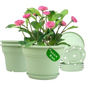 8 Inch Plastic-Flower Pot-for-Indoor Plants, 4 Pack Large Outdoor Planter Pot with Drainage Holes & Saucers, Resin Decorative Garden Pots Planters (Green)