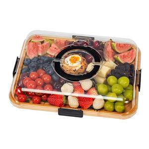 Charcuterie Board with Clear Lid, Portable Cheese & Snack Tray with Handle, Bamboo Cutting Board with 1 Compartments, Travel Charcuterie Box for Parties, Picnics, Housewarming Gifts, Pack 2