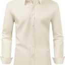 Alimens & Gentle Men's Dress Shirt Regular Fit Stretch Stain Shield Long Sleeve Solid Business Wedding Button Down Shirts, Beige, Large