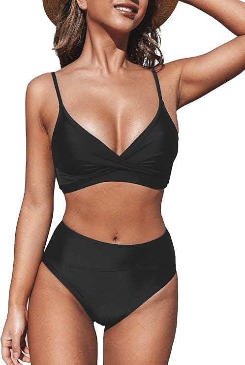 CUPSHE Women's Bikini Sets Two Piece Swimsuit High Waisted V Neck Twist Front Adjustable Spaghetti Straps Bathing Suit, S