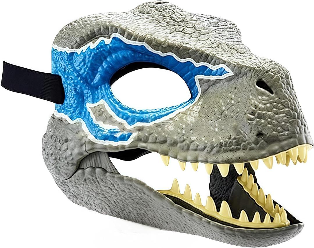 Dino Mask Moving Jaw Soft Latex Velociraptor Blue Mask with Realistic Texture and Color for Role Play and Birthday Parties