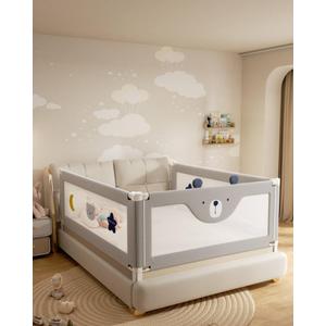 3 Piece Bed Rails for King Size Bed, No-Drill Needed Baby Bed Rail Guard for Toddlers with Height Adjustable, Thickened Child Safety Side Railing Guards/Bedrail for Kids, Grey Bear, 74.8x78.7x78.7in