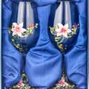 Wine Glasses Set of 2, Handcrafted Enamel Flower Red White Wine Glasses Pretty Floral Goblets with Gift Box for Women Wife Mom Friends Mothers (Pink)