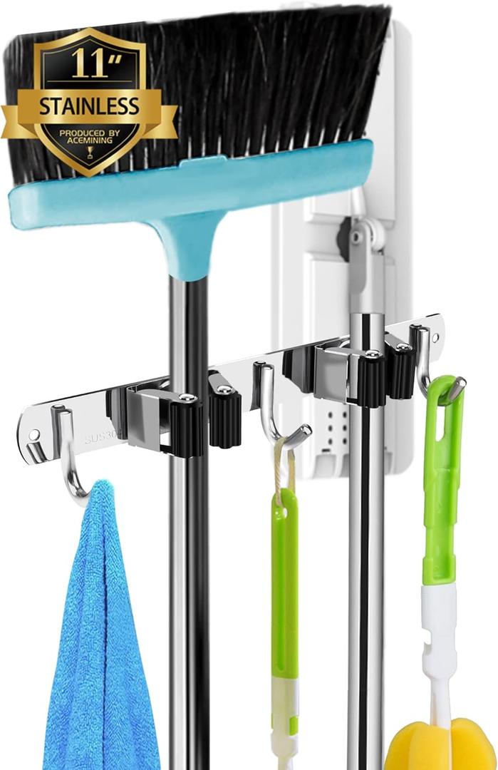2 Racks and 3 Hooks Broom and Mop Holder Wall Mounted Garage Organizer Storage Tool Racks Stainless Steel Heavy Duty Hooks Self Adhesive Solid Non-slip Wall Hangers for Home Kitchen Garden Laundry