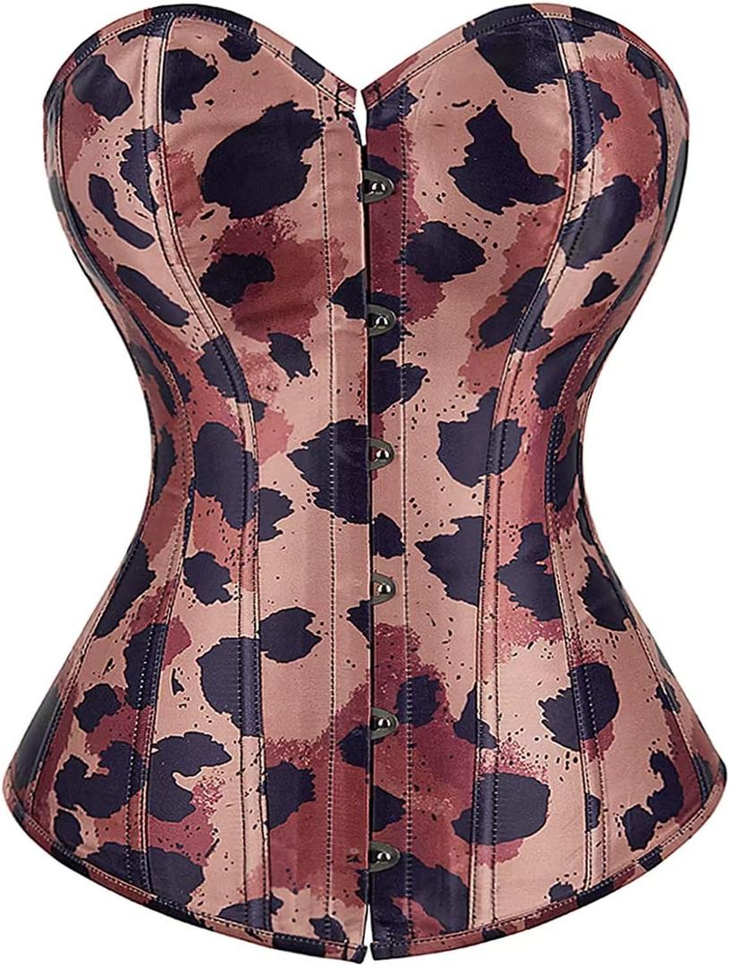 Women's Fashion Colorful Lace Up Corset Tops Sexy Vintage Floral Overbust Waist Cincher Bustier (Large, Leopard)